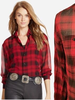 Polo Ralph Lauren Silk Plaid Button-Up Shirt Sheer Black Red 0